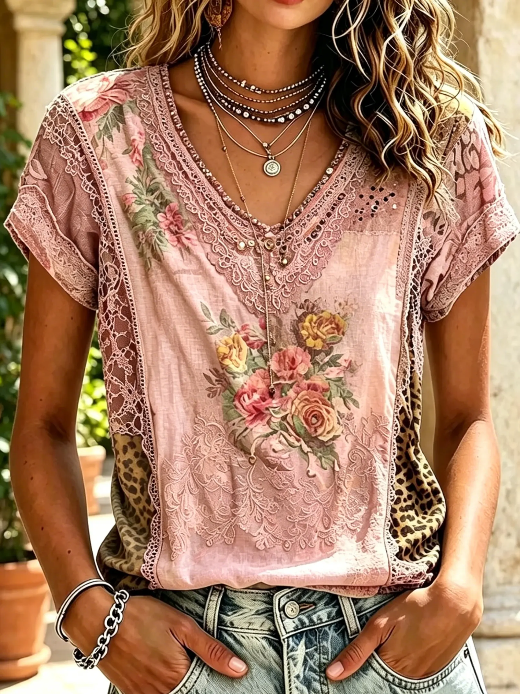 Women's Vintage Rose & Leopard Print Cotton Short Sleeve Shirt