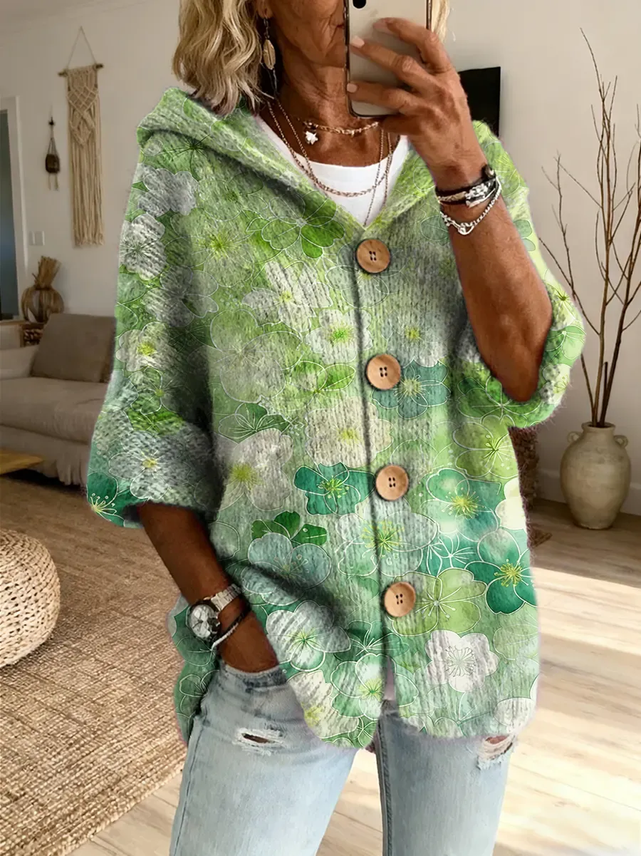 Ethnicity Colorful Flowers Women's Art Print Casual Hooded Cardigan Sweater