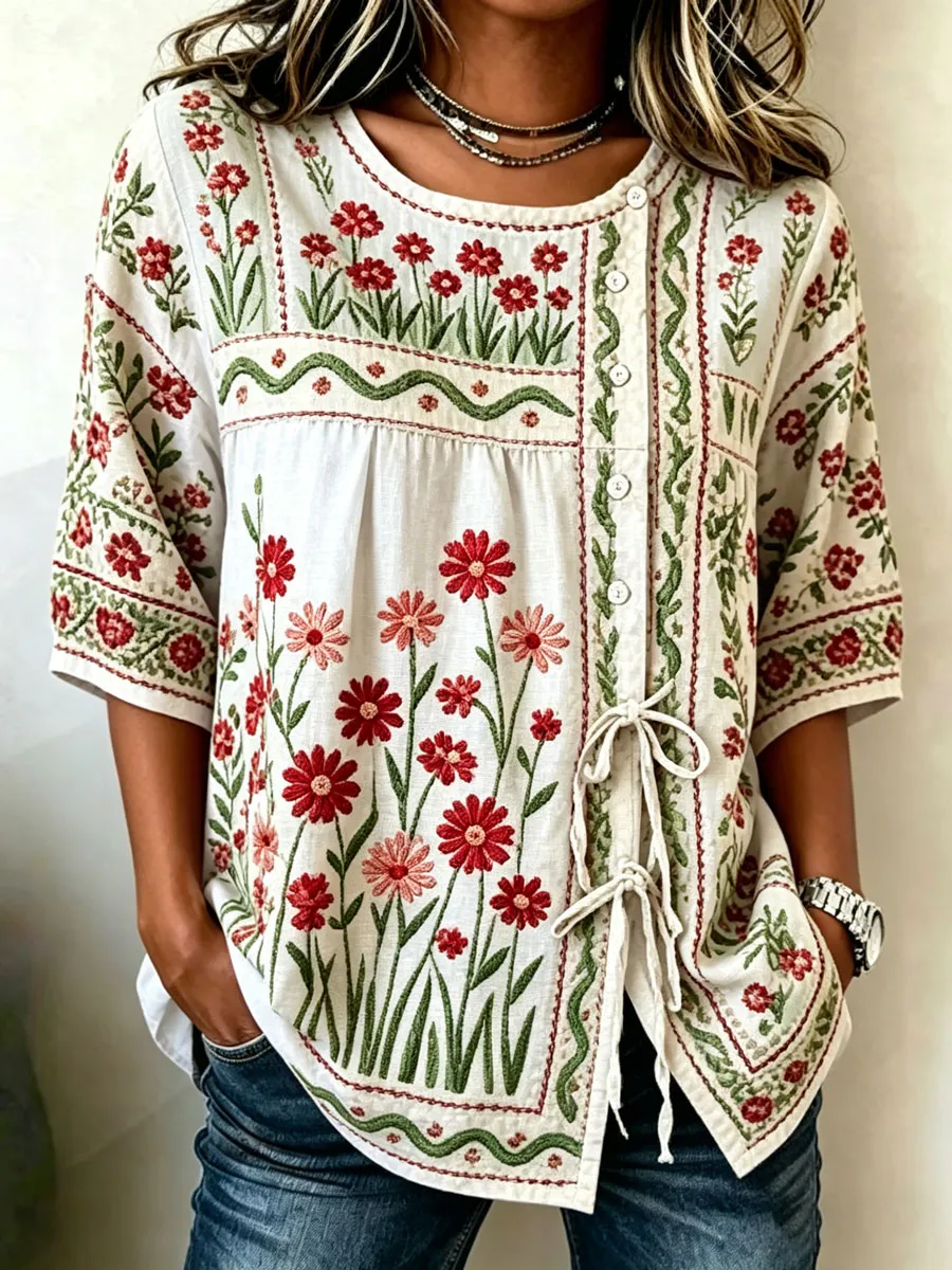 Women'S Cotton And Linen Casual Striped Print Top