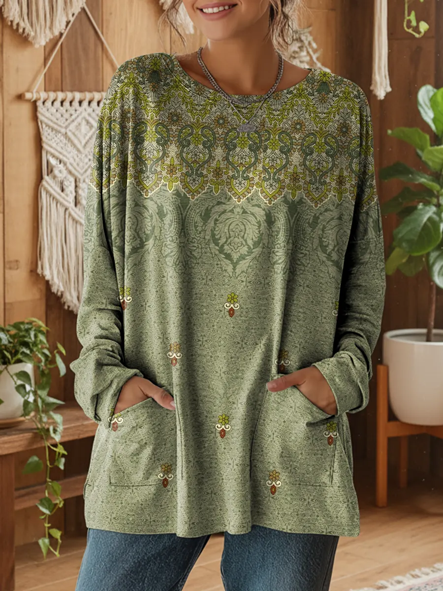 Ethnicity Green Geometry Flowers Women's Print Casual Long Sleeve T-shirt