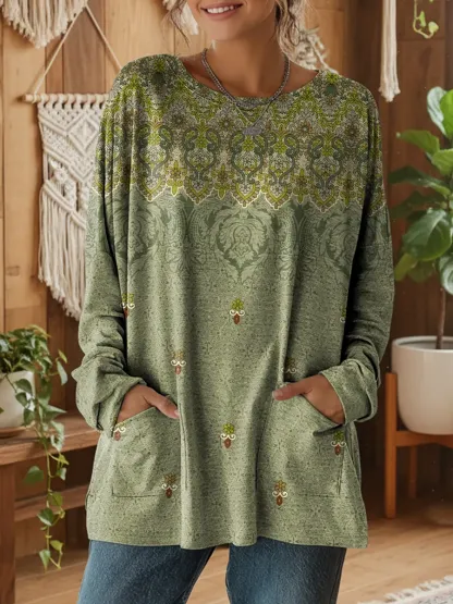 Ethnicity Green Geometry Flowers Women's Print Casual Long Sleeve T-shirt