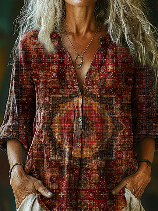 Women's Vintage Ethnic Red Totem Art Print Casual Cotton Shirt