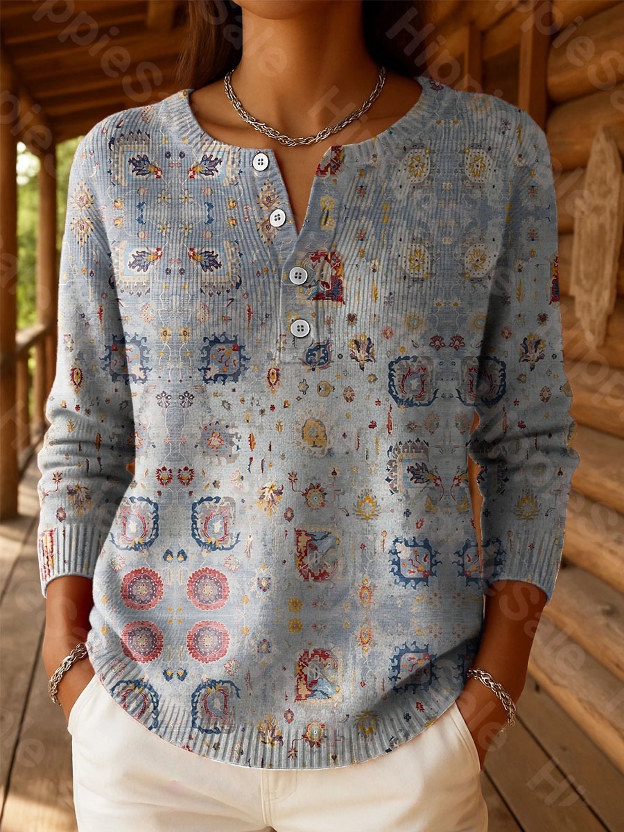 Women's Vintage National Flower Purple Art Print Buttoned Cardigan Sweater