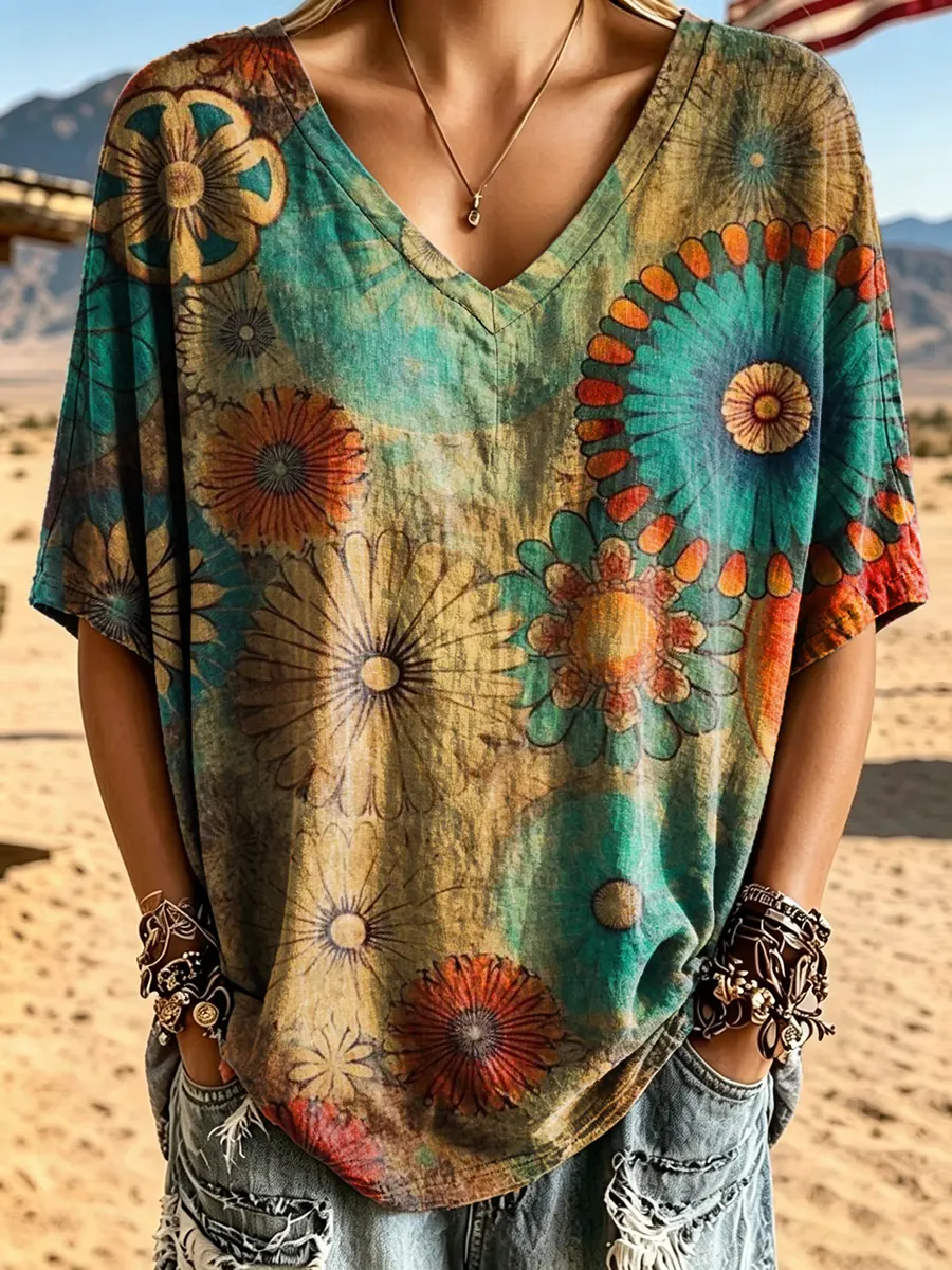 Women's Boho Mandala Floral Print Cotton V-Neck T-Shirt
