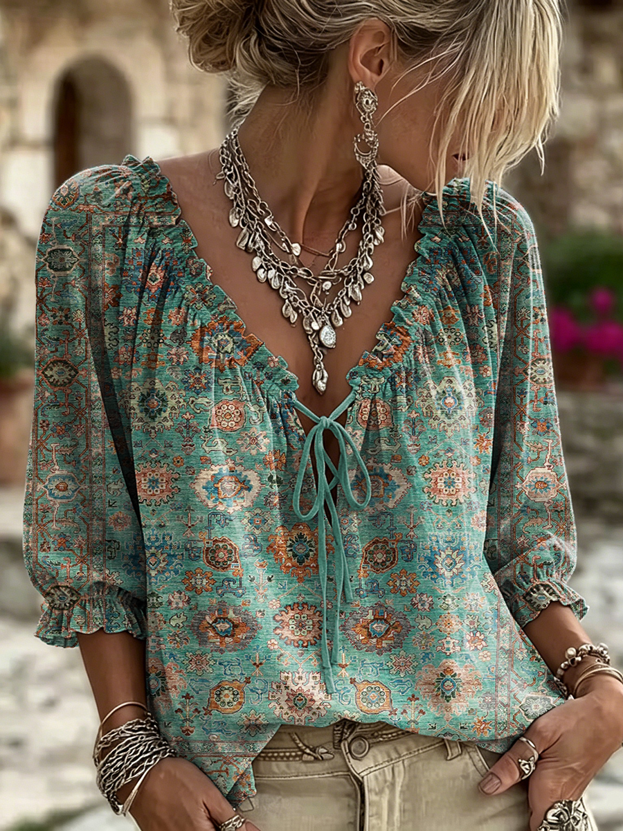 Women's Retro Ethnic Totem Art Print Casual Long-sleeved V-neck Ruffled Cotton Shirt