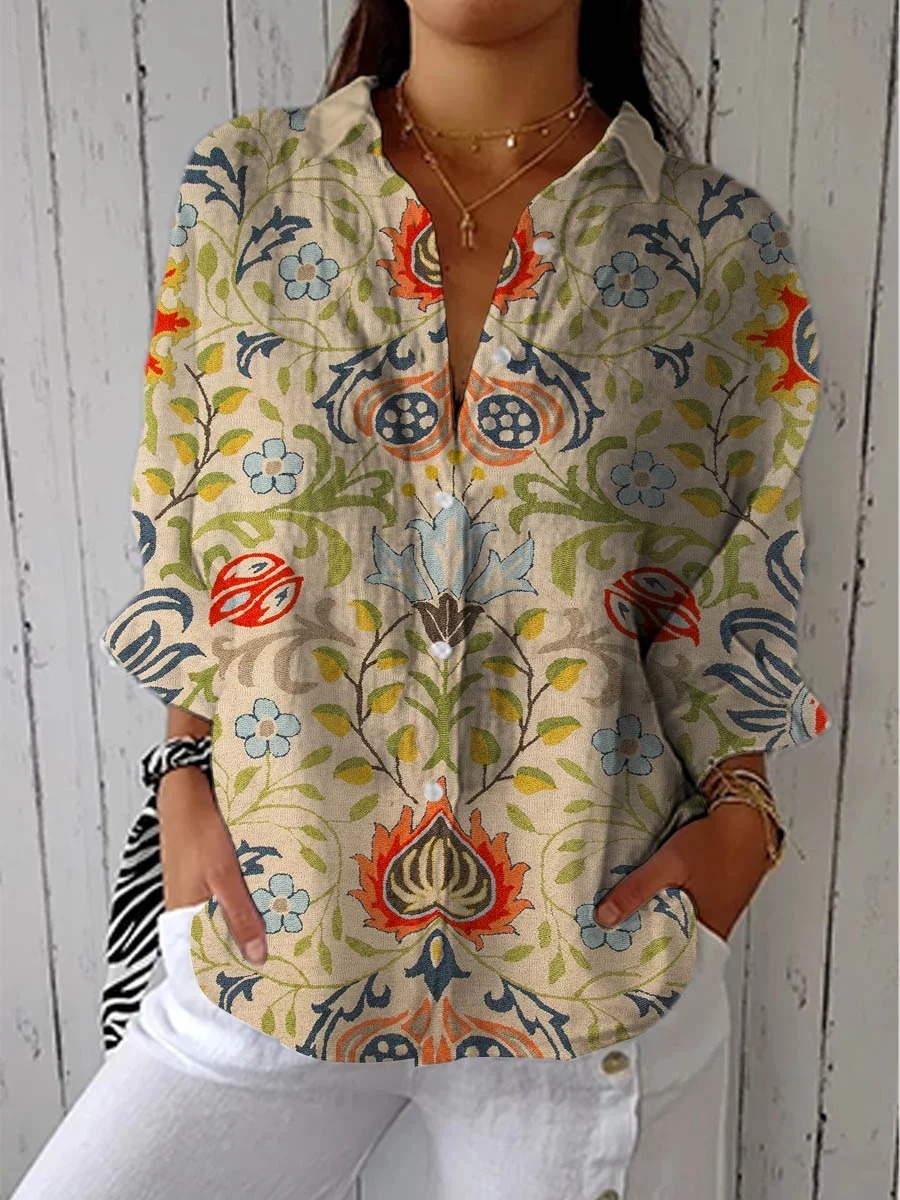 Women's Vintage Floral Art Print Casual Cotton Linen Shirt