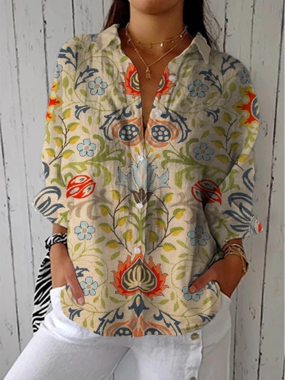 Women's Vintage Floral Art Print Casual Cotton Linen Shirt
