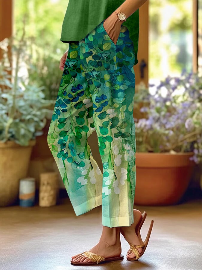 Women's Forest Floral Print Casual Pants (With Pockets)