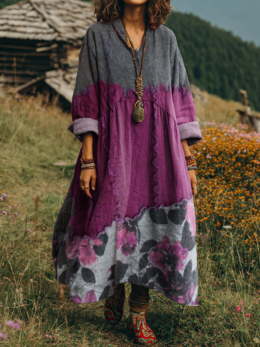 Women's Floral Textured Art Print Long-sleeved V-neck Comfortable Cotton Dress With Pockets.