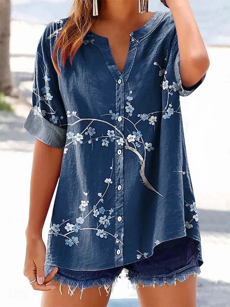 Women's Retro Casual Floral Cotton and Linen Top