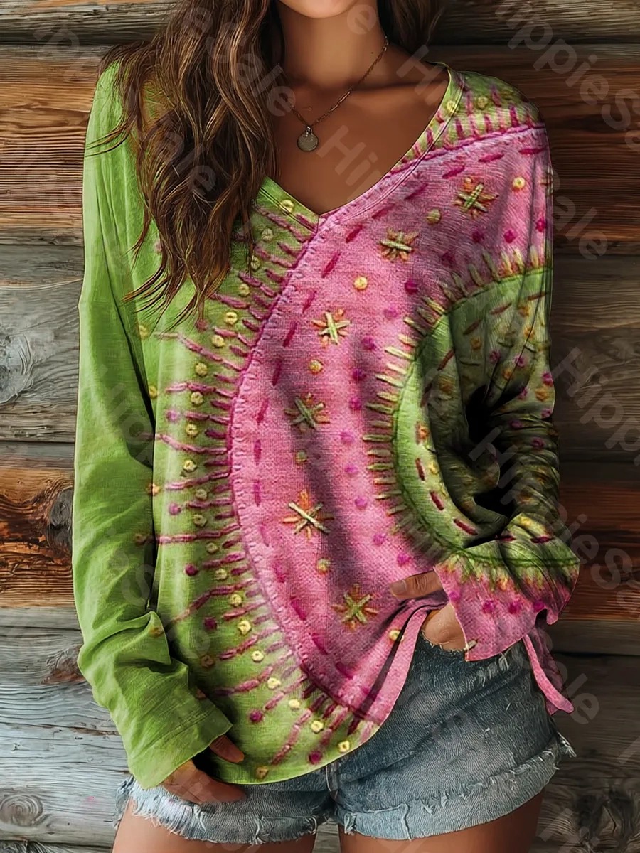 Women's Vintage Ethnic Patchwork Art Print Casual V-neck Long Sleeve T-shirt