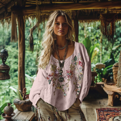 Retro Bohemian Floral Embroidery Art Graphics Cotton And Linen Blend Loose Blouse