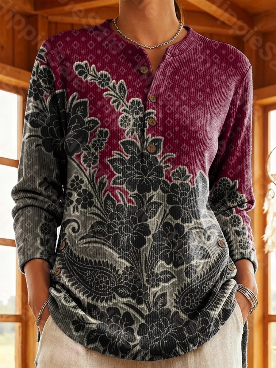 Women's Vintage Floral Art Print Casual Cotton Shirt