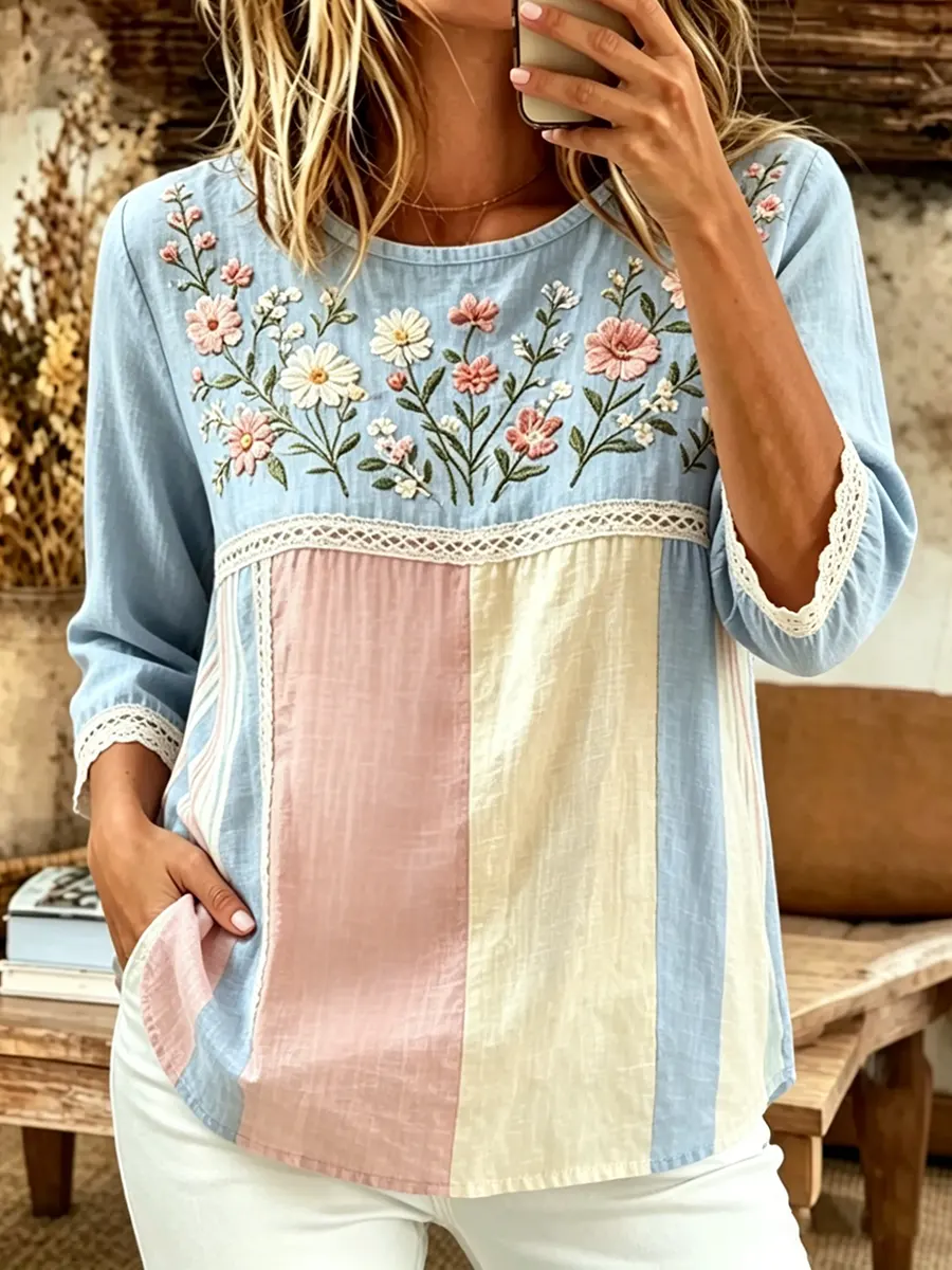 Women's Floral Patchwork Print Cotton 3/4 Sleeve Blouse