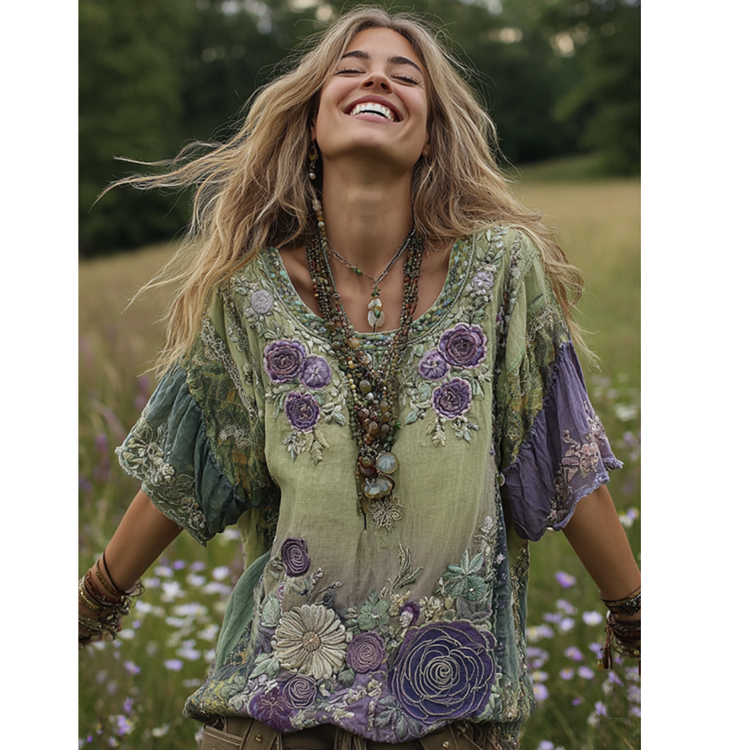 Classy Gradient Purple Lavender And Floral Embroidered Linen Short Sleeve T-shirt