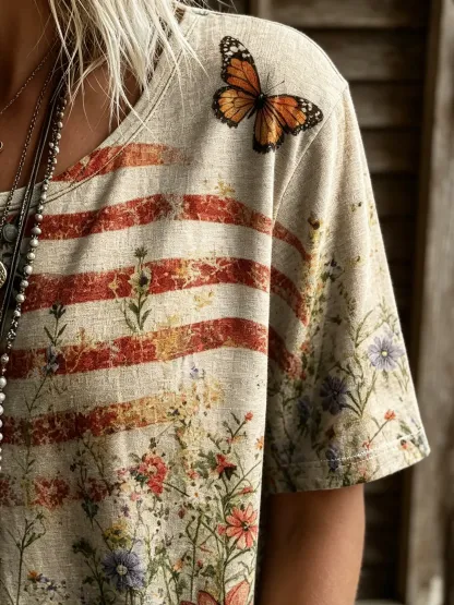 Women's American Flag Butterfly Floral Distressed Print Crew Neck Short Sleeve T-Shirt