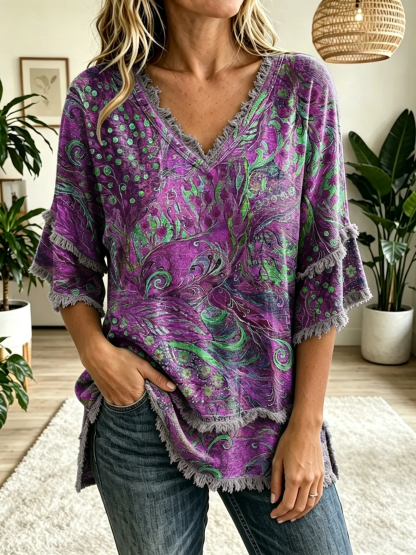 Women's Folk Floral Art Print V-Neck Tasseled Cotton Top
