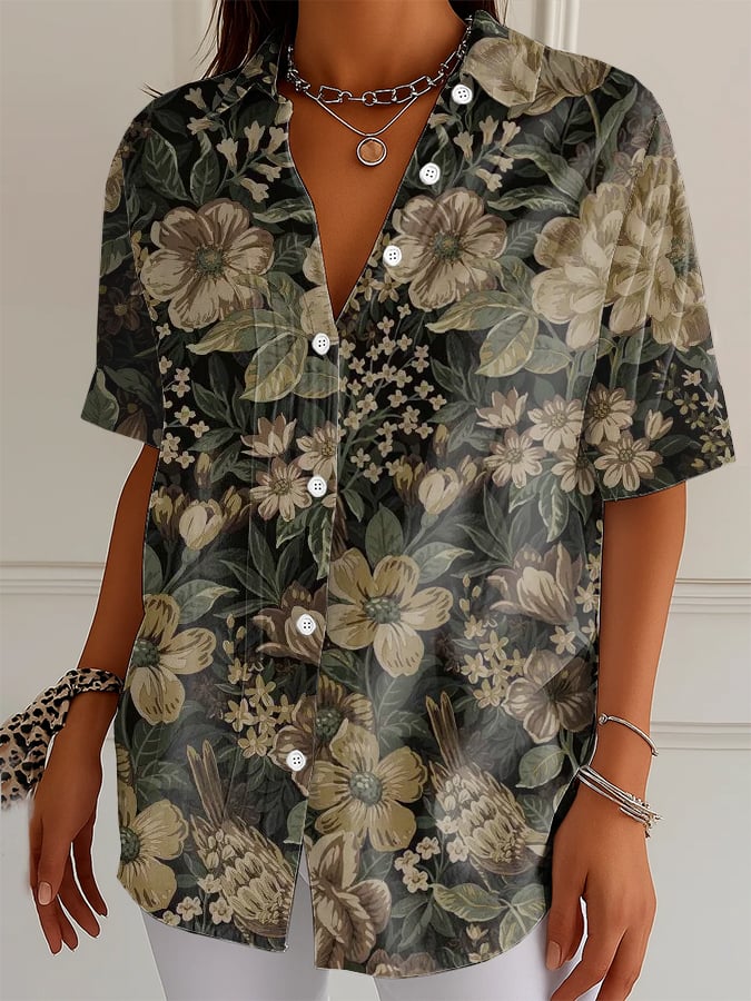 Women's Vintage Forest Art Art Print Lapel Shirt