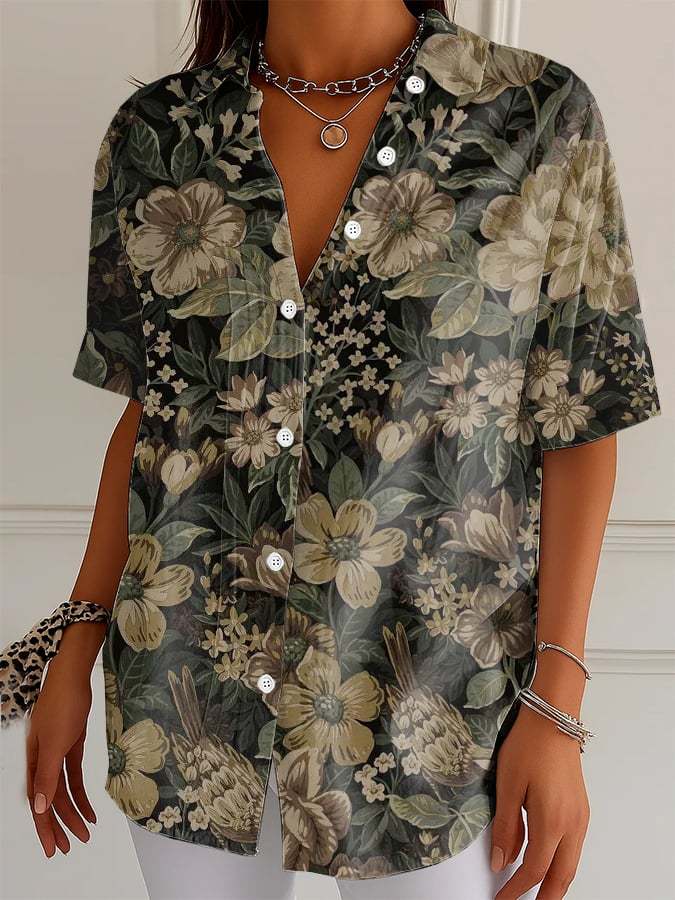 Women's Vintage Forest Art Art Print Lapel Shirt