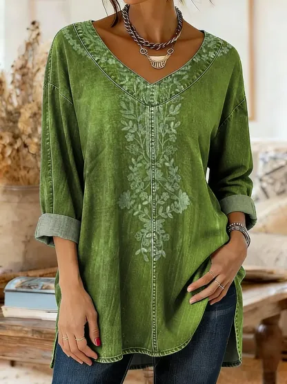 Ethnicity Flowers Totem Women's Art Print Casual Washed Denim Cotton Top