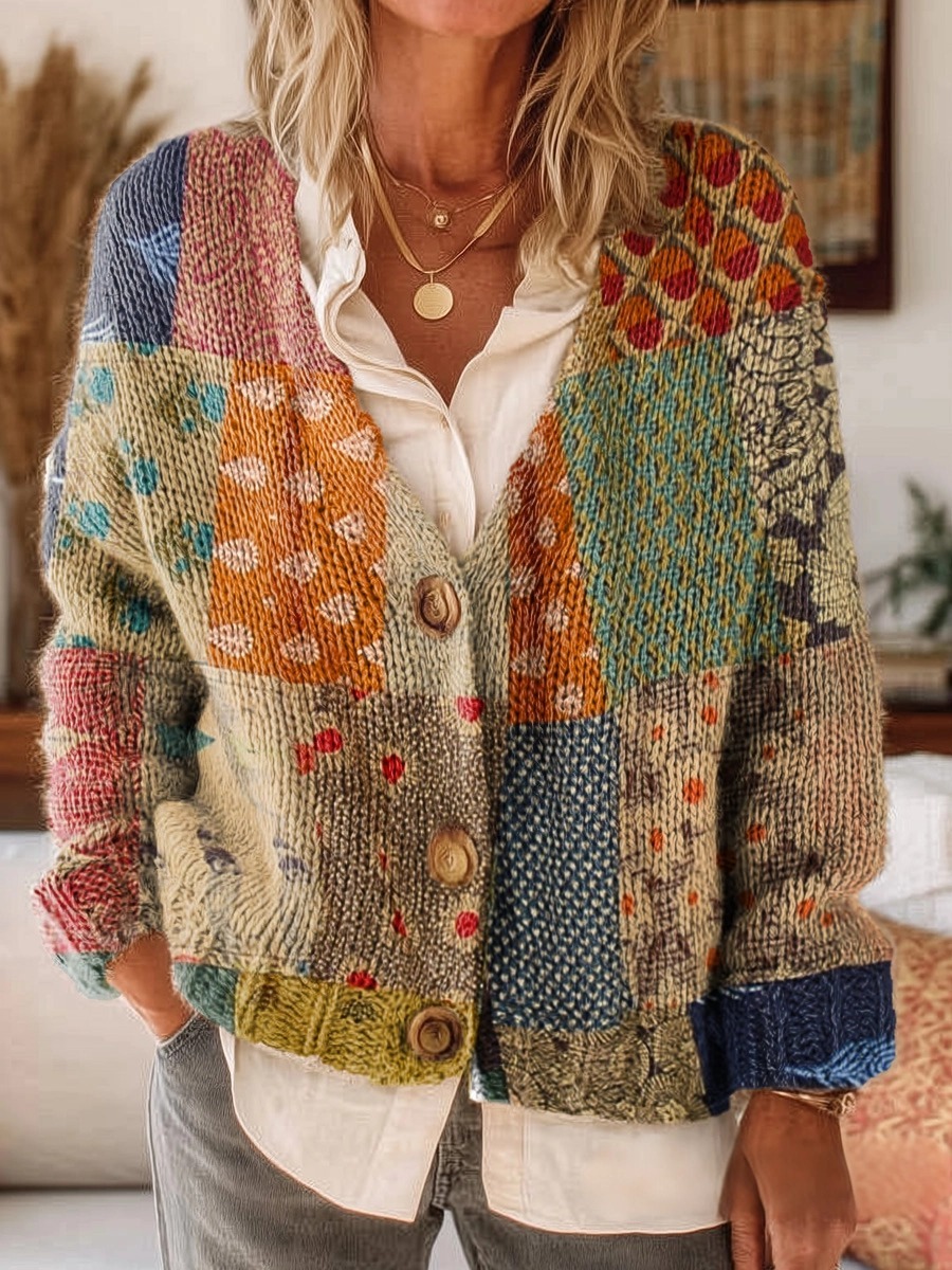 Women's Vintage Floral Patchwork Pattern Artistic Print Button V-neck Cardigan Sweater