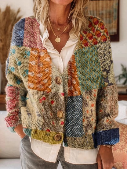 Women's Vintage Floral Patchwork Pattern Artistic Print Button V-neck Cardigan Sweater