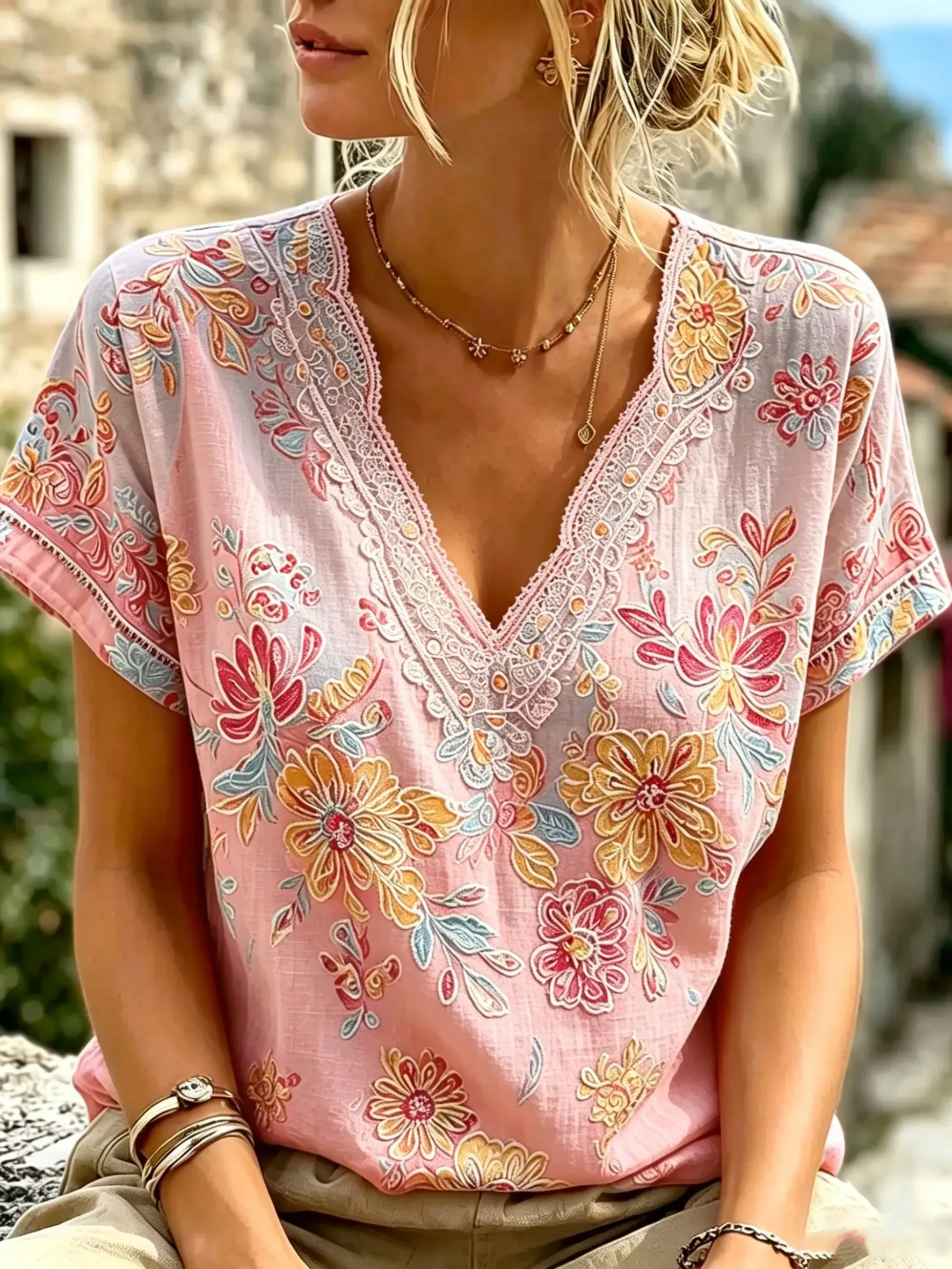 Women's Boho Floral Print Cotton V-Neck Top