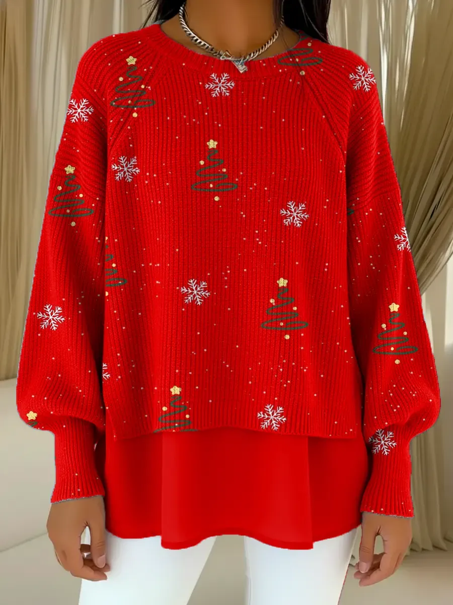 Women's Christmas Tree Pattern Art Print Casual Knitted Sweater