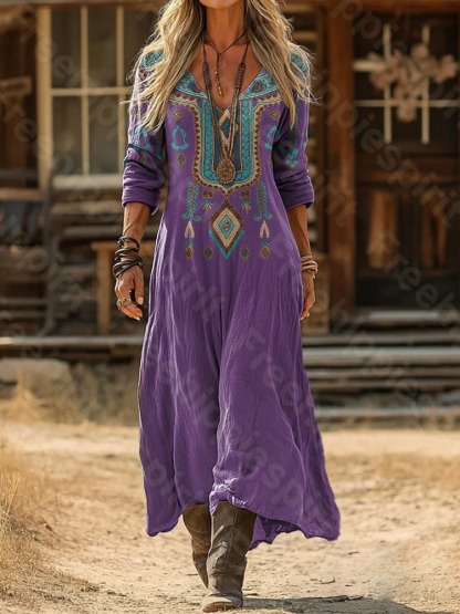 Women's Ethnic Tribe Totem Floral Art Print Pocket Cotton Dress