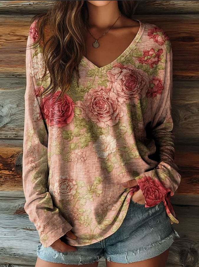 Women's Breast Cancer Awareness Pink Floral Print V-Neck Top