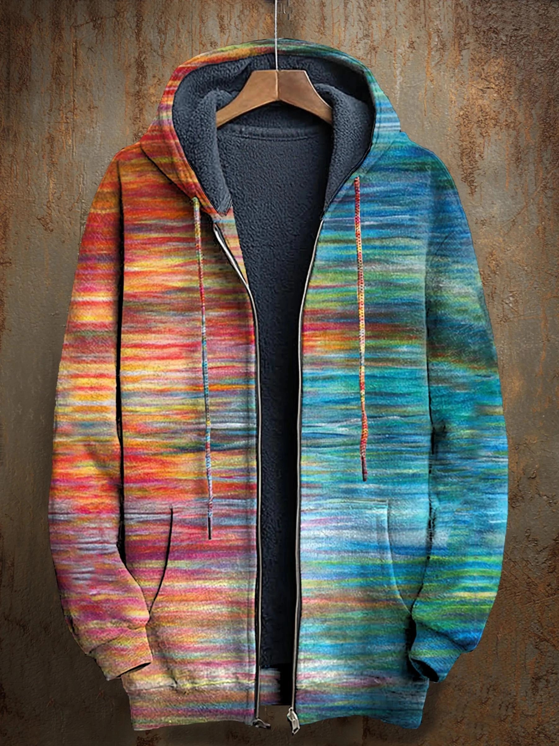 Abstract Gradient Print Casual Fleece Zipper Graphic Pockets Long-slee