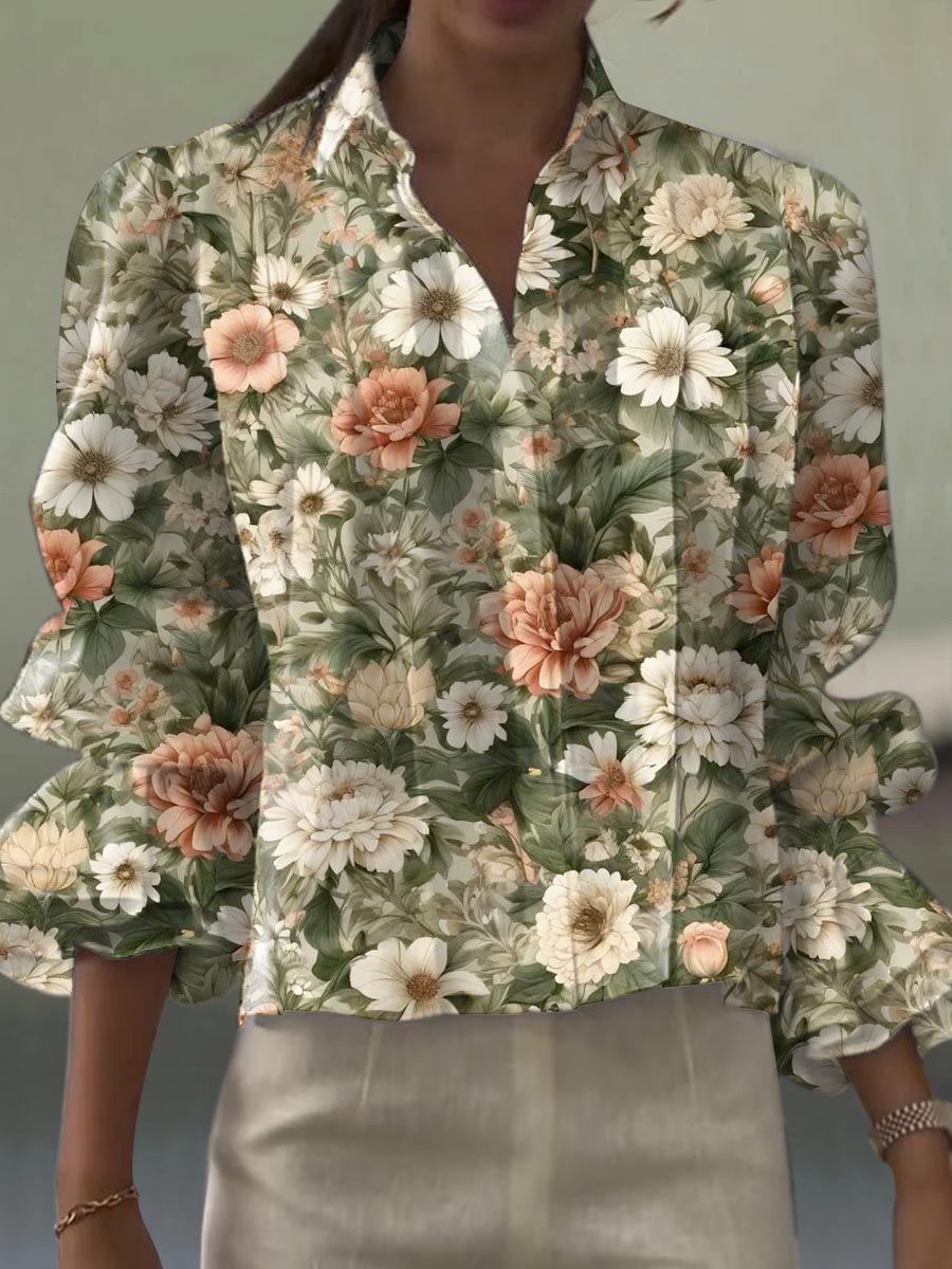 Women's Vintage Floral Art Print Casual Long Sleeve Cotton And Linen Shirt