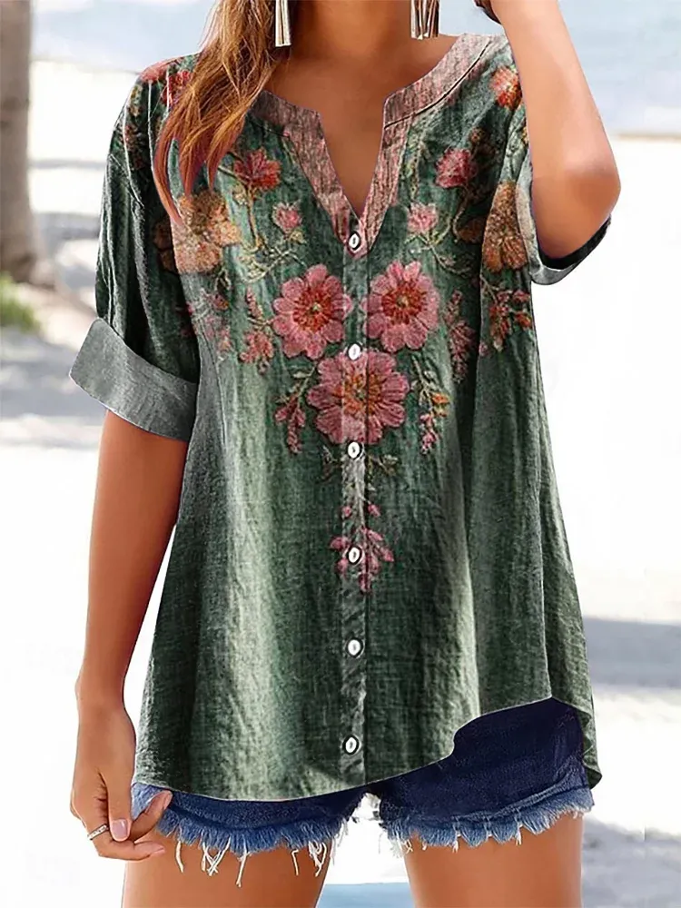 Women's Vintage Floral Pattern Art Print Casual Cotton Linen Shirt