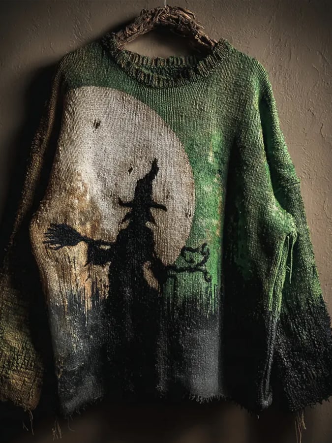 Women's Halloween Witch Print Crew Neck Sweater