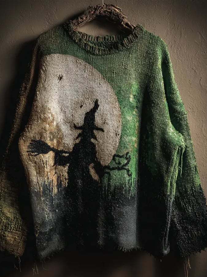 Women's Halloween Witch Print Crew Neck Sweater