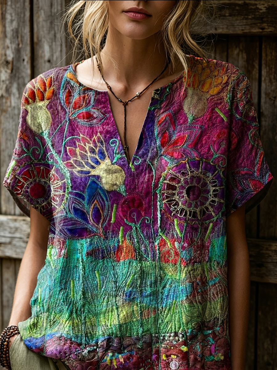 Women's Retro Ethnic Floral Art Print Casual Short-sleeve V-neck Cotton Linen Shirt