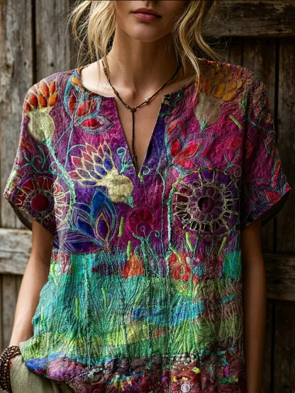 Women's Retro Ethnic Floral Art Print Casual Short-sleeve V-neck Cotton Linen Shirt