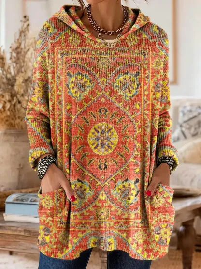 Women's Retro Ethnic Totem Art Print Casual Knitted Pocket Hooded Tunic Top
