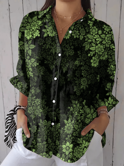 Women's Forest Floral Print Casual Lapel Shirt