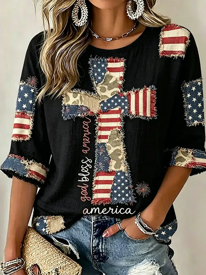 Women'S Flag, Faith, Art, Seven Quarter Sleeve Round Neck Linen Top