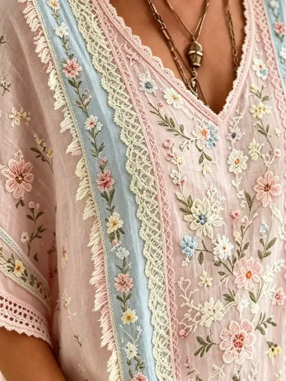 Women's Floral Lace Print Cotton Kimono Blouse
