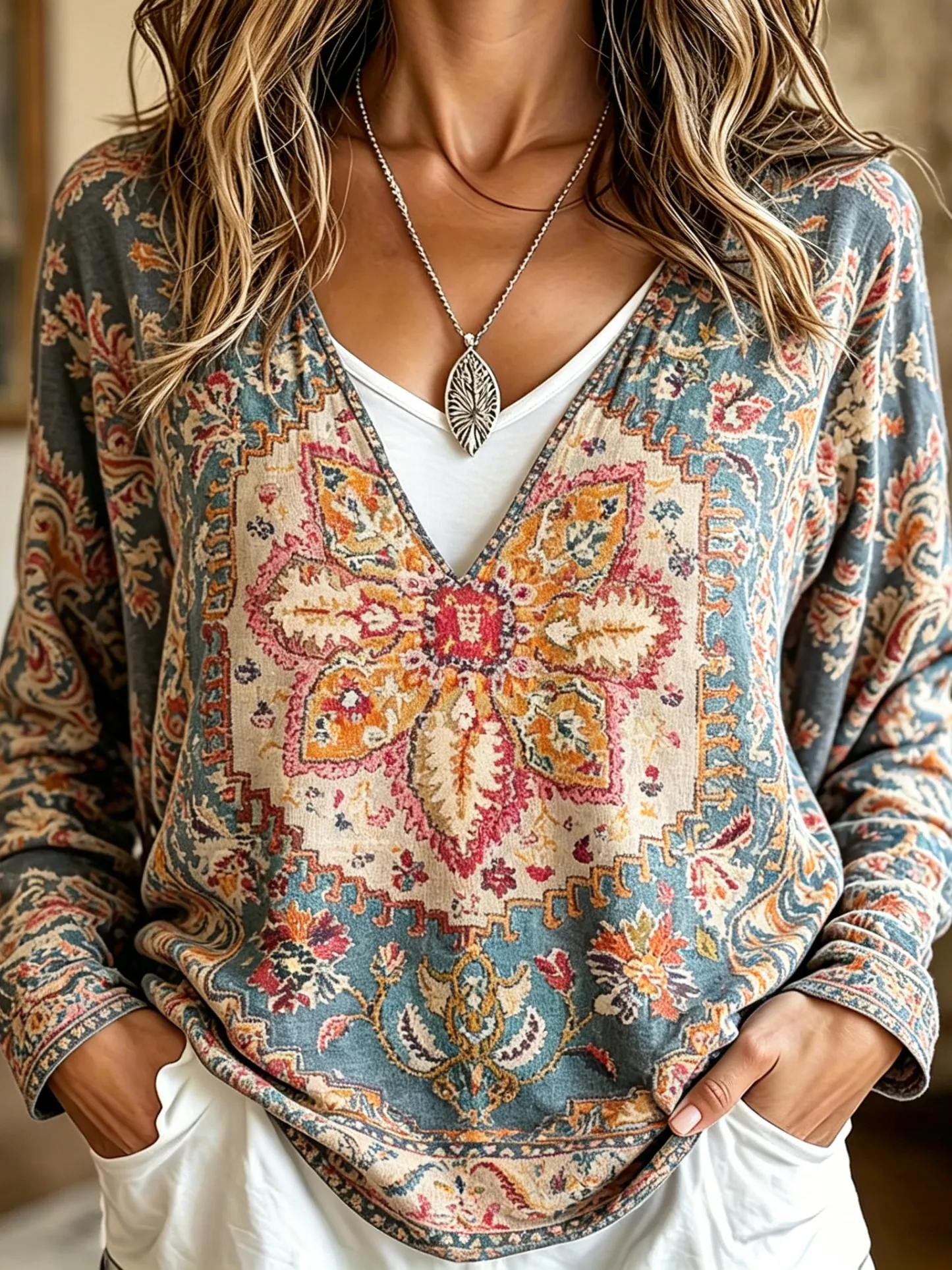 Women's Retro Ethnic Totem Casual Long-sleeved Patchwork V-neck Shirt
