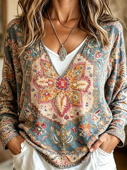 Women's Retro Ethnic Totem Casual Long-sleeved Patchwork V-neck Shirt