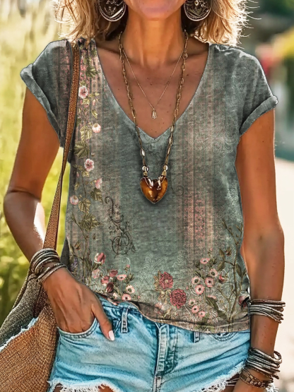 Women's Vintage Ethnic Floral Print 100%Cotton V-neck T-Shirt