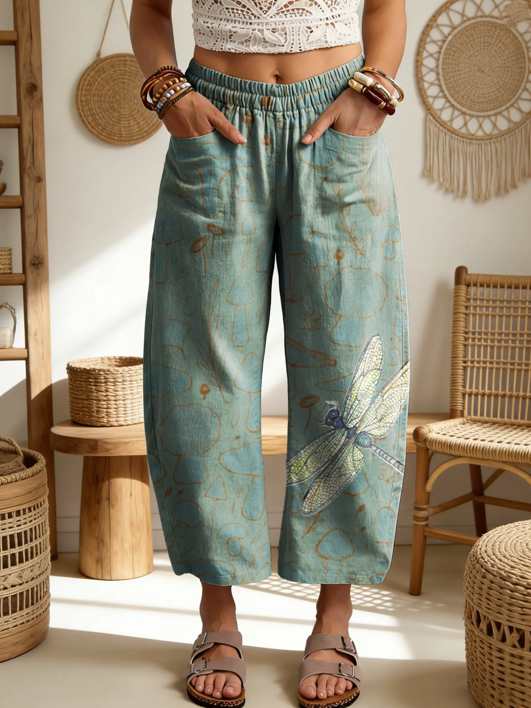 Women's Dragonfly Floral Print Elastic Waist Pocket Cotton Pants