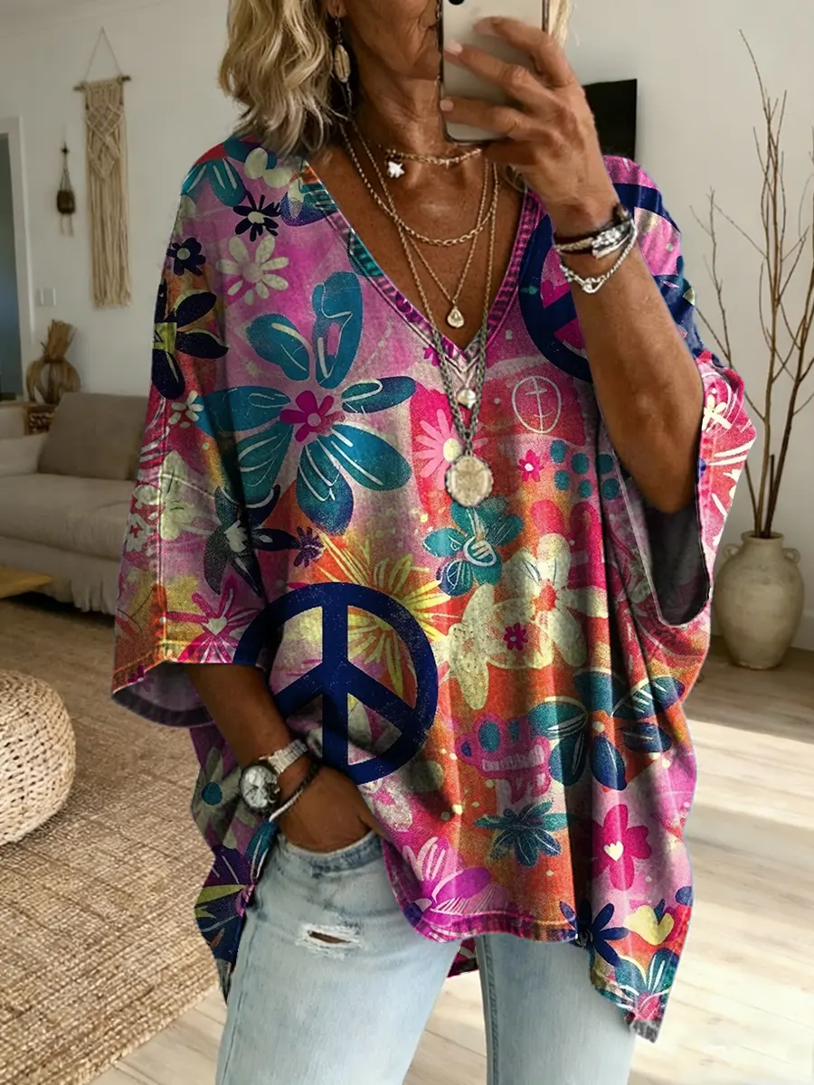 Hippie Colorful Flowers Women's Art Print Casual Washed Cotton Denim Top