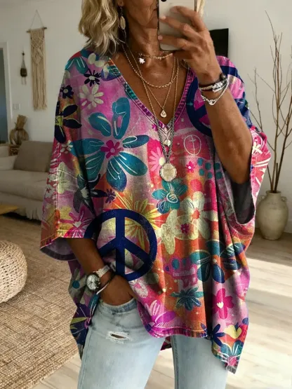 Hippie Colorful Flowers Women's Art Print Casual Washed Cotton Denim Top