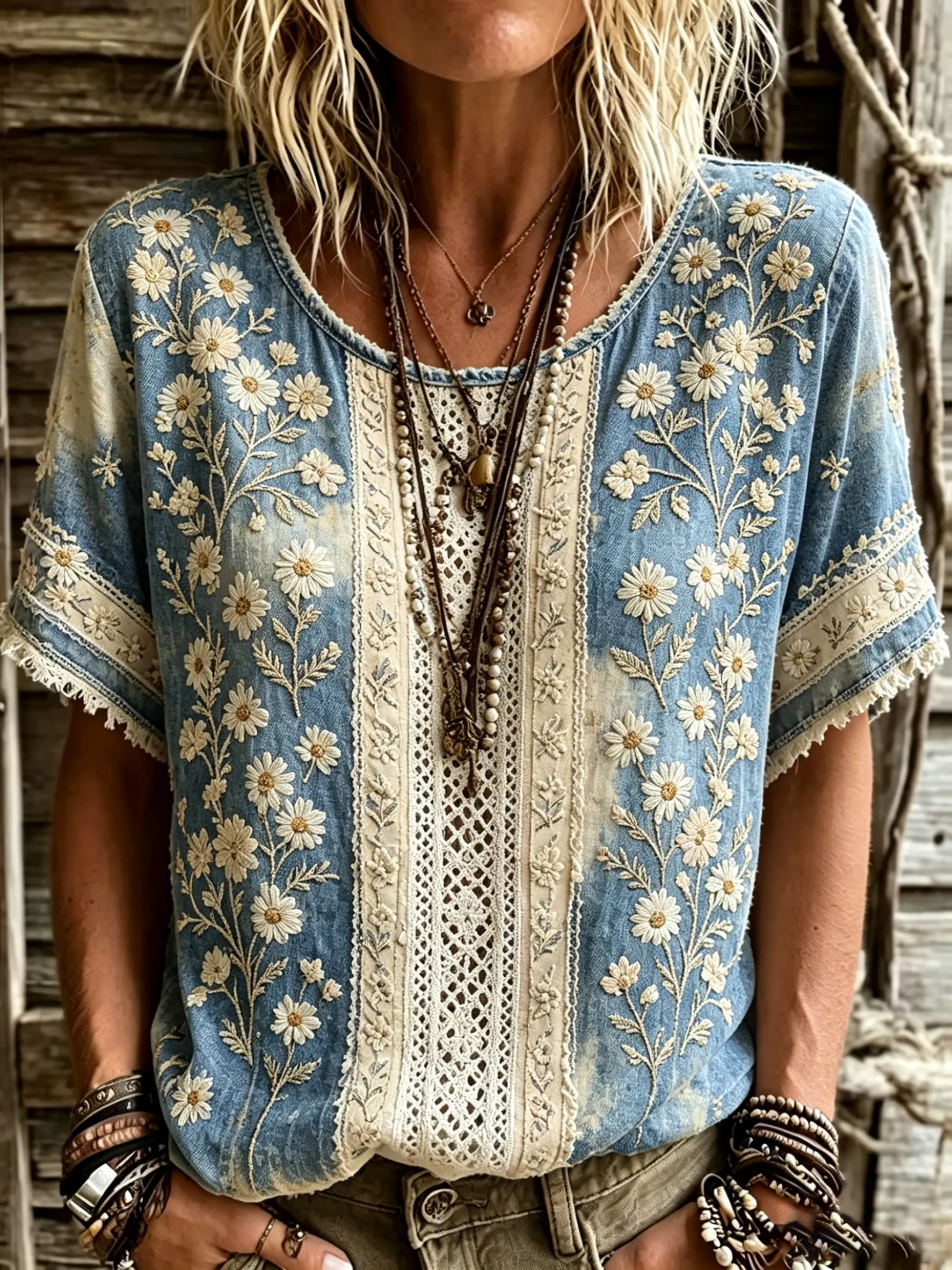 Women's Washed Denim Daisy Lace Cotton Blouse