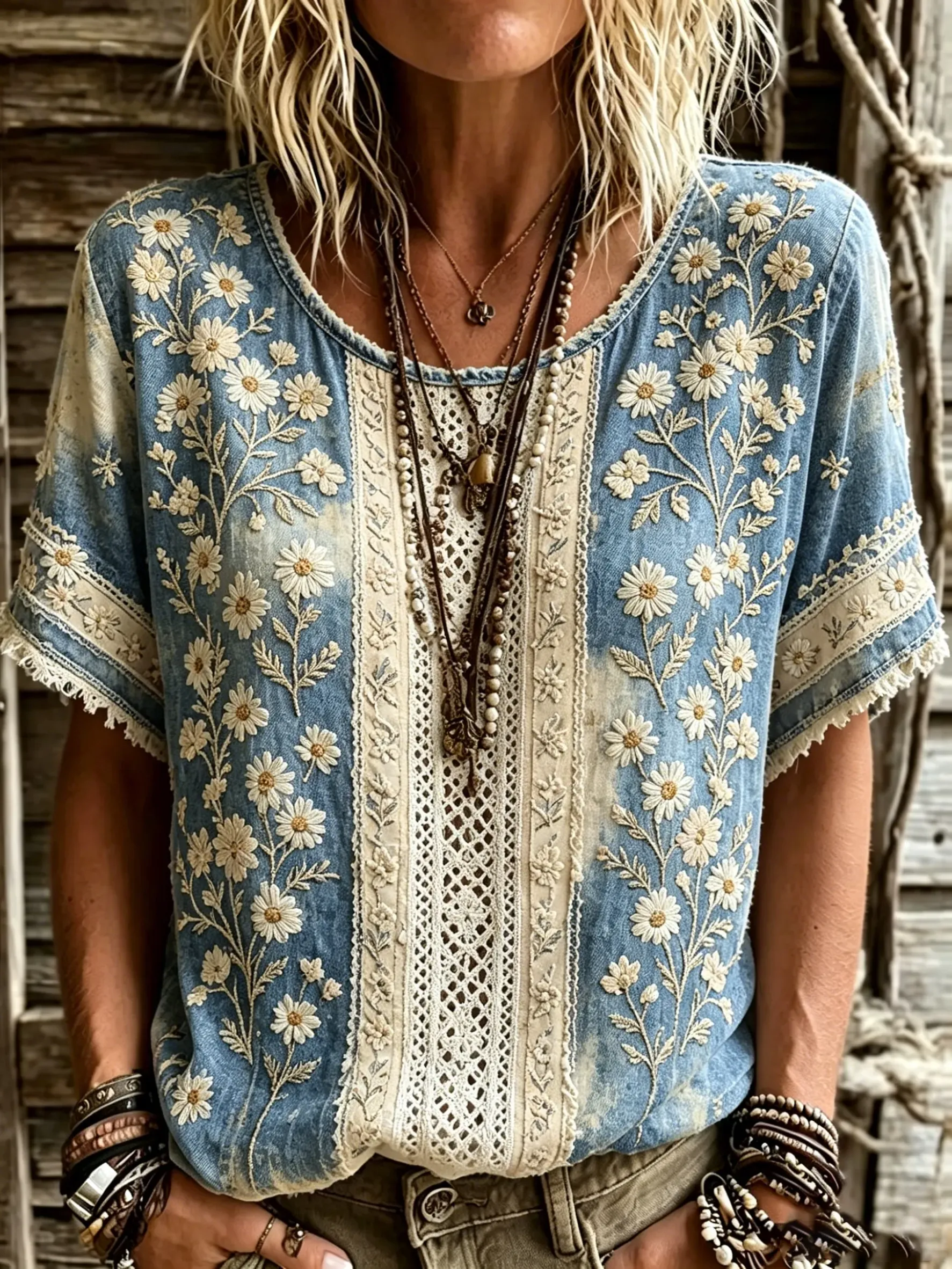 Women's Washed Denim Daisy Lace Cotton Blouse