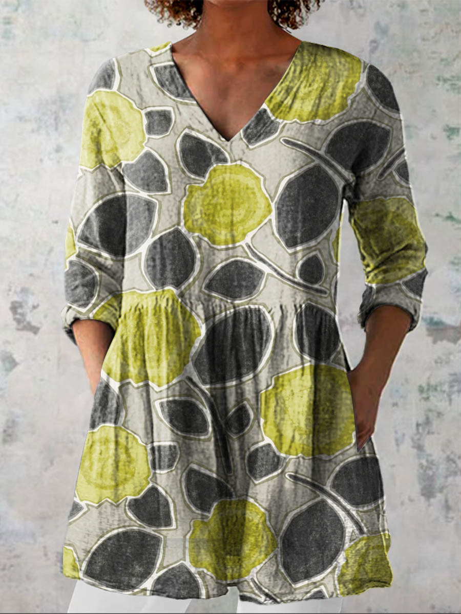 Women's Vintage Lovely Floral Art Print Casual Linen V-neck Shirt